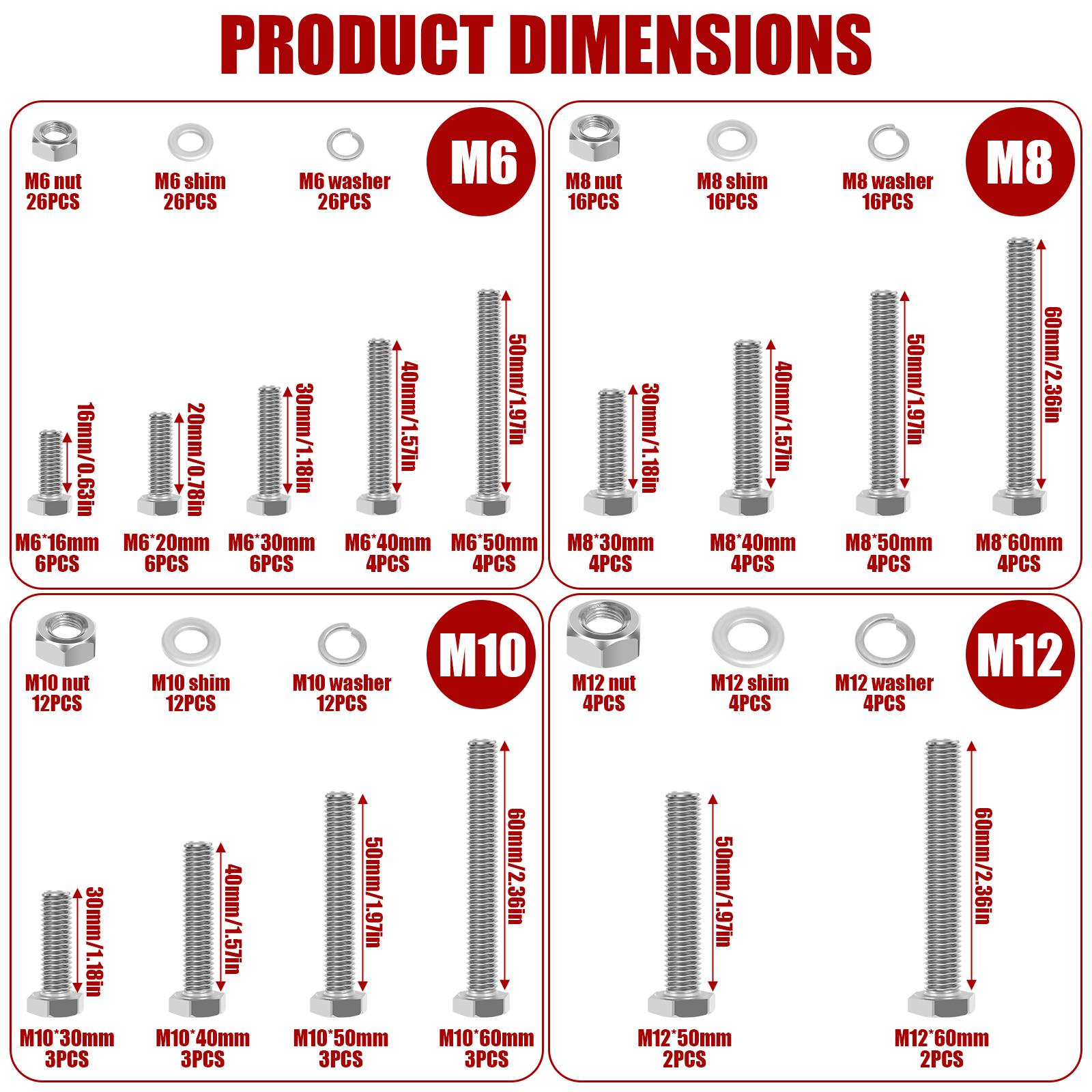 

232Pcs Hex Bolts and Nuts Set M6 M8 M10 M12 Nut and Bolt Assortment Kit 304 Stainless Steel Outer Hexagon Bolts Machine Screws
