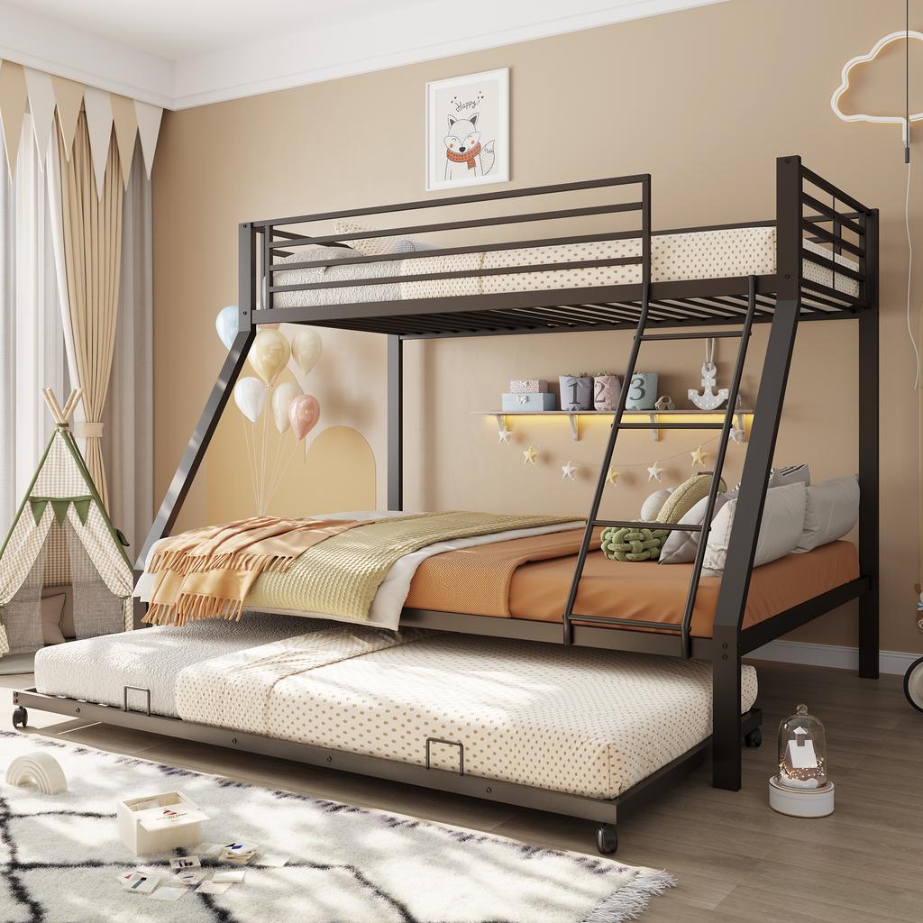 Metal Bunk Bed 90x200 & 140x200 Cm, Pull-Out Bed 90x190cm, Family Bed Capacity Up To 550kg, 3 Sleeping Places, Slanted Ladder & Fall Protection, Black