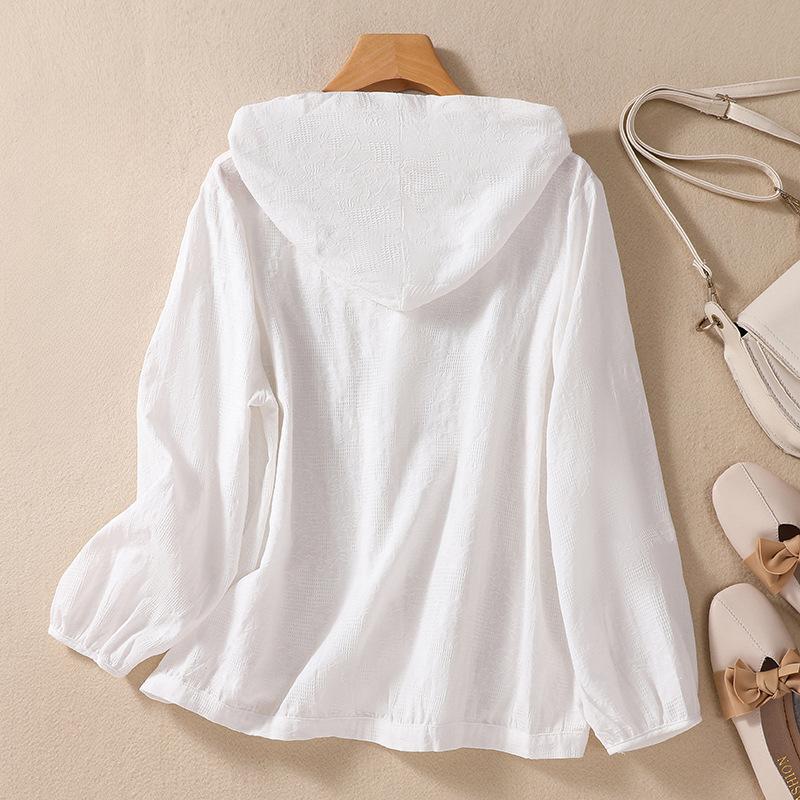 Dámská nadměrná velikost bavlněná lněná jednobarevná košile jaro podzim nadměrná volná ležérní s dlouhým rukávem s kapucí