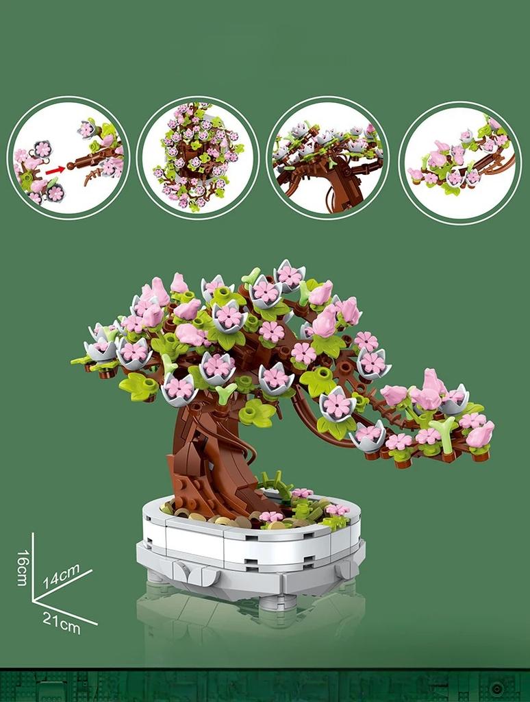 462PCS Bonsai Building Block Flower Creative Plant Cherry Blossom Tree Potted Bouquet Home Decoration Gifts Toys DIY STEM Model Kit 3D Interlocking
