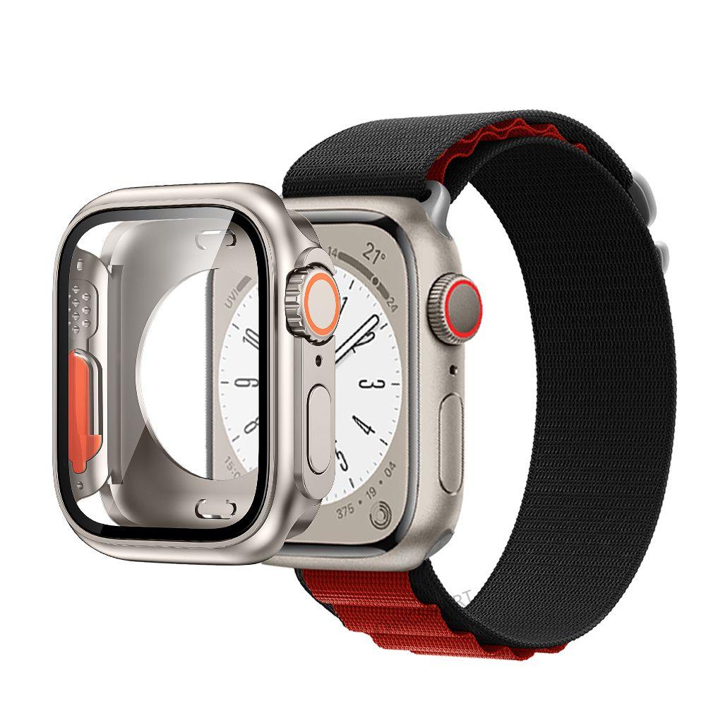 Correa de nailon con cubierta de vidrio para Apple Watch, carcasa de 44mm, 45mm, 40mm y 41mm, Protector de pantalla con correa, IWatch Series 56 Se 7 8, giro a Ultra