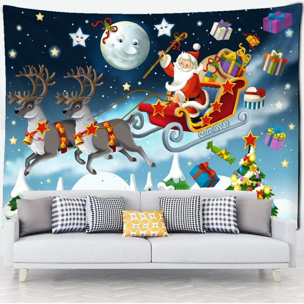 Cartoon Santa Claus Pattern Tapestry Home Bedroom Living Room Wall Decoration Christmas Theme Tapestry