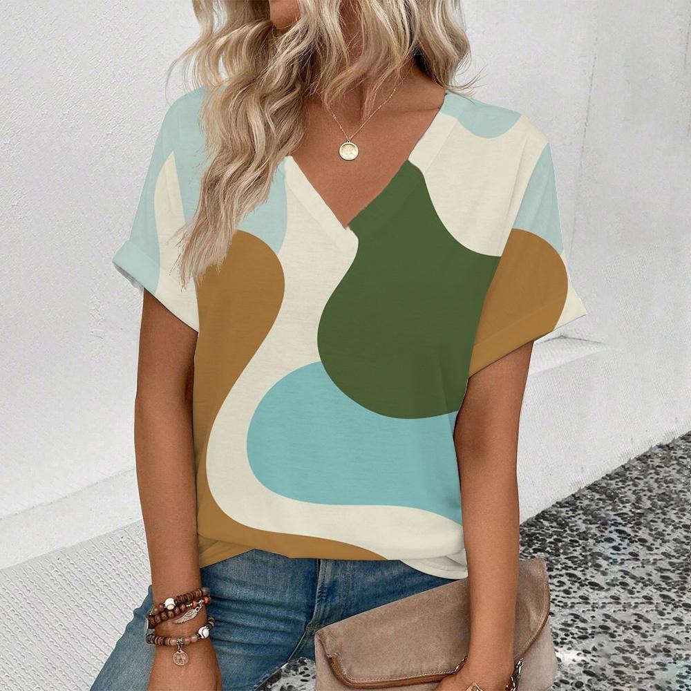 Modisches und einfaches, übergroßes, bequemes T-Shirt-Design für den Sommer, inspiriert vom geometrischen Muster, bedrucktes Damen-Oberteil mit V-Ausschnitt