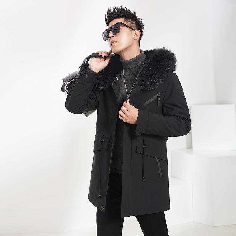 

Мужская меховая куртка, новая модная, подкладка из меха кролика, воротник из меха енота, меховой цельный фартук средней длины 5XL