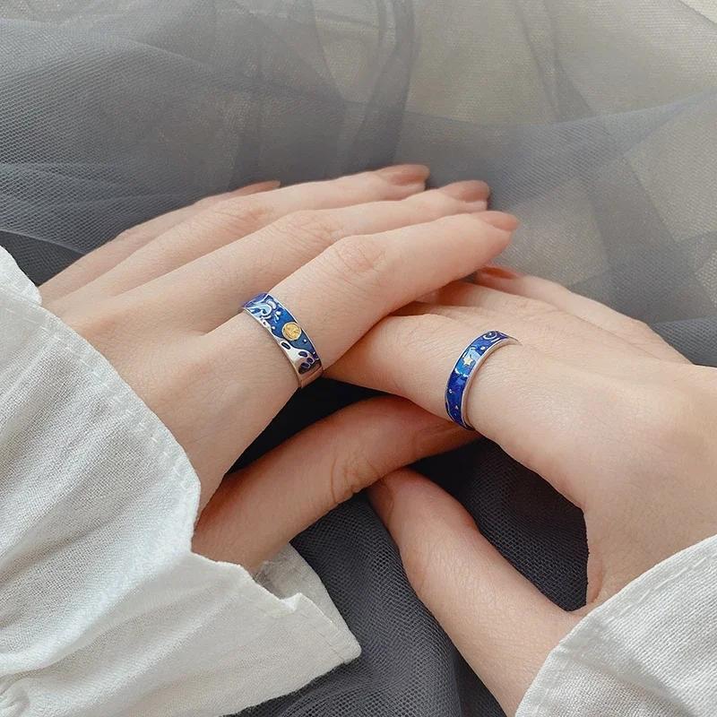 S Couple Van Gogh Night Open Rings For Women Men Simple Fashion Design Copper Color Lovers Blue Starry Sky Ring Party Jewelry