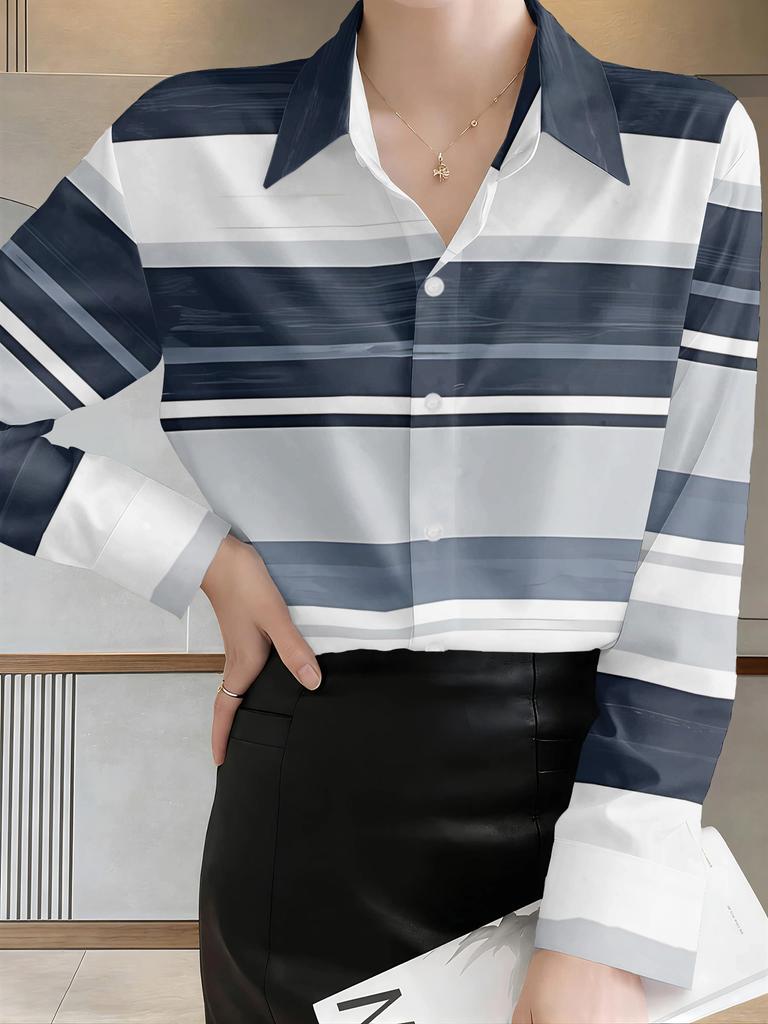 Casual Fashion Women's Outdoor Long-sleeved Cardigan Shirt Picture with Blue, White and Gray Stripes