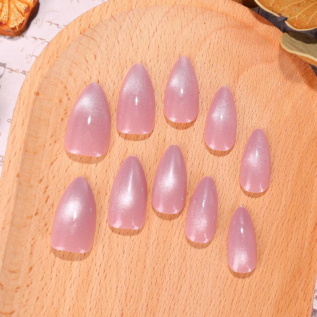 Cat Eye Nude Pink Wearable Nail Patches: Medium Long Oval Pre-made False Nails