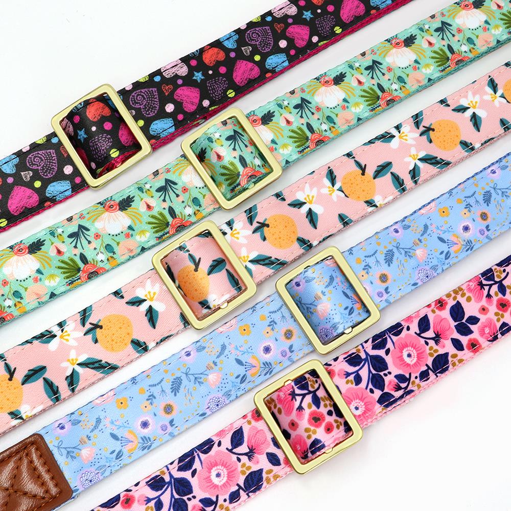 Flower Printed Dog Collar Nylon Personalized Puppy Collar Free Custom Pet ID Name Leather Collars For Small Medium Large Dog Cat