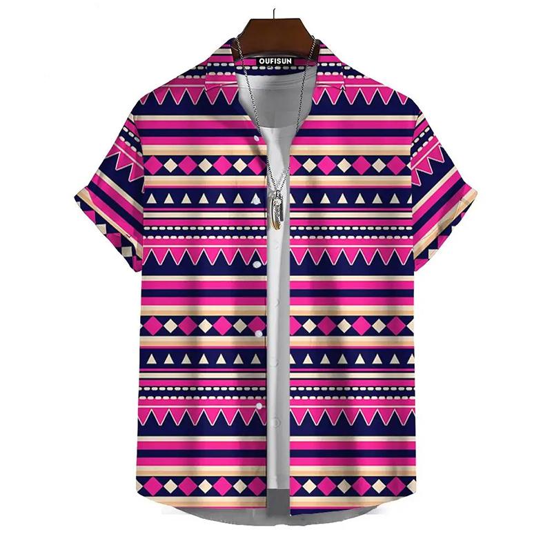 Vintage Hawaiian Shirts For Men Ethnic Pattern Print Lapel Blouse Fashion Casual Womens Clothes Short Sleeve Tees Tops