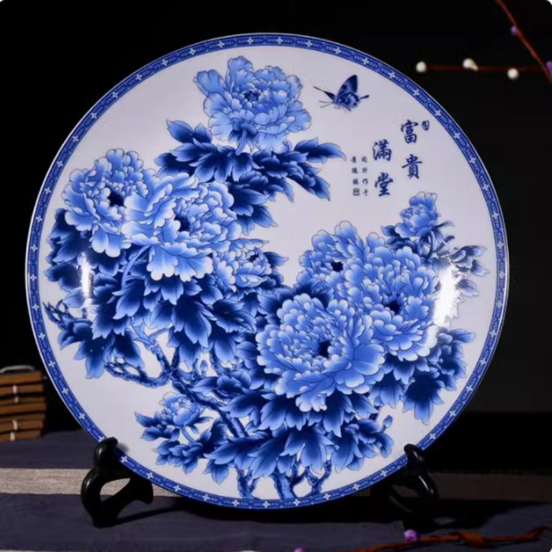 New Chinese-style Lucky Ceramic Plate Chinese Blue and White Porcelain 26cm Porcelain Plate Bracket Set Wedding Gift