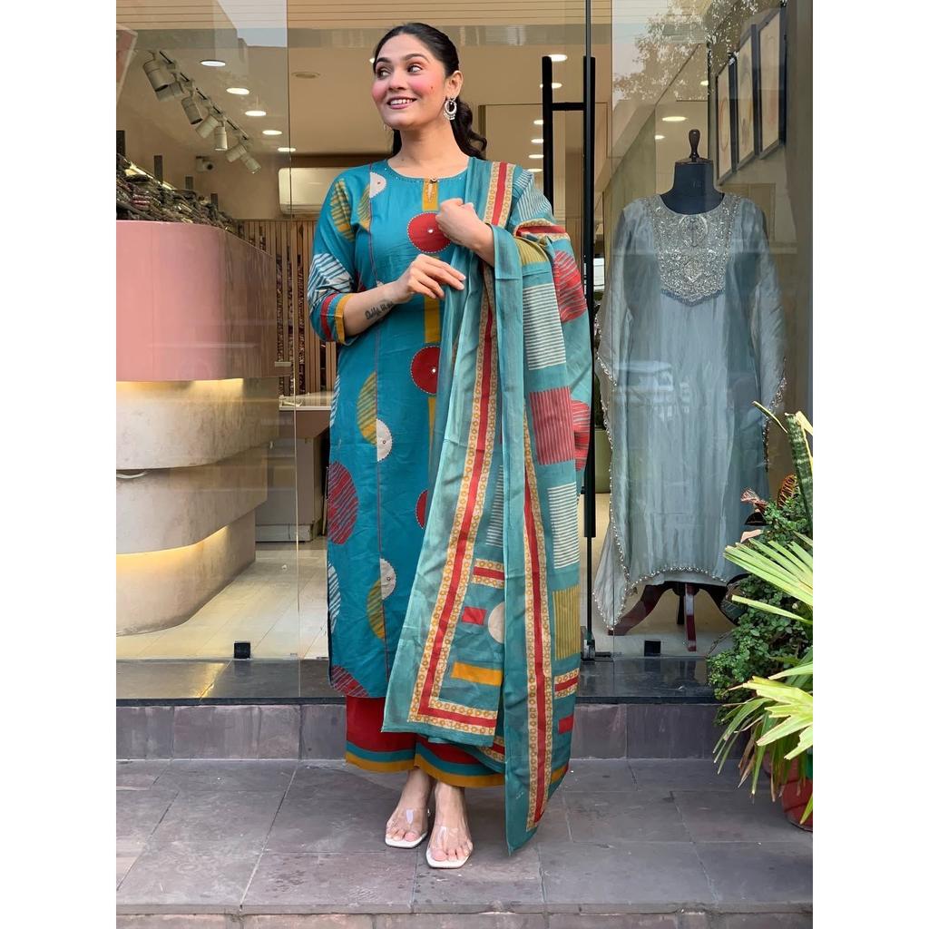 Indian Bollywood Ethnic Salwar Kameez Pakistani Cotton Kurti Palazzo Dupatta Set