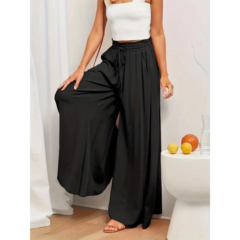 Wide Leg Drawstring Pants, Casual Loose Slant Pockets Pants For Spring & Summer, Women's Clothing