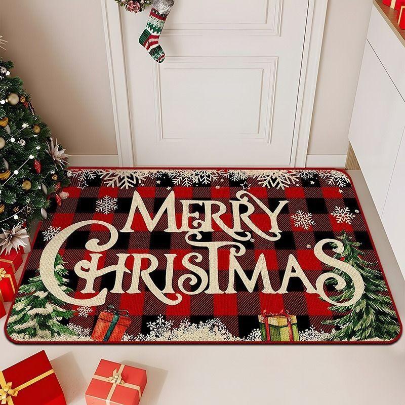 VIKAMA Xmas Front Door Mat Durable Festive Buffalo Plaid Xmas Theme Print Non Slip Floor Mat For Indoor Outdoor Entry Xmas Decor