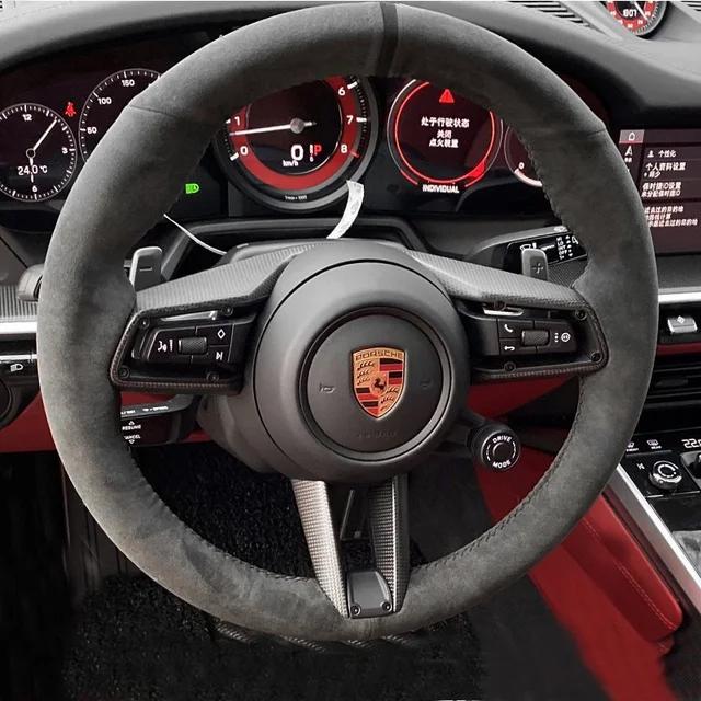 For Porsche Taycan Boxste Panamera Macan Cayenne 718 971 DIY Hand-Stitched High-quality Non-slip Suede Car Steering Wheel Cover