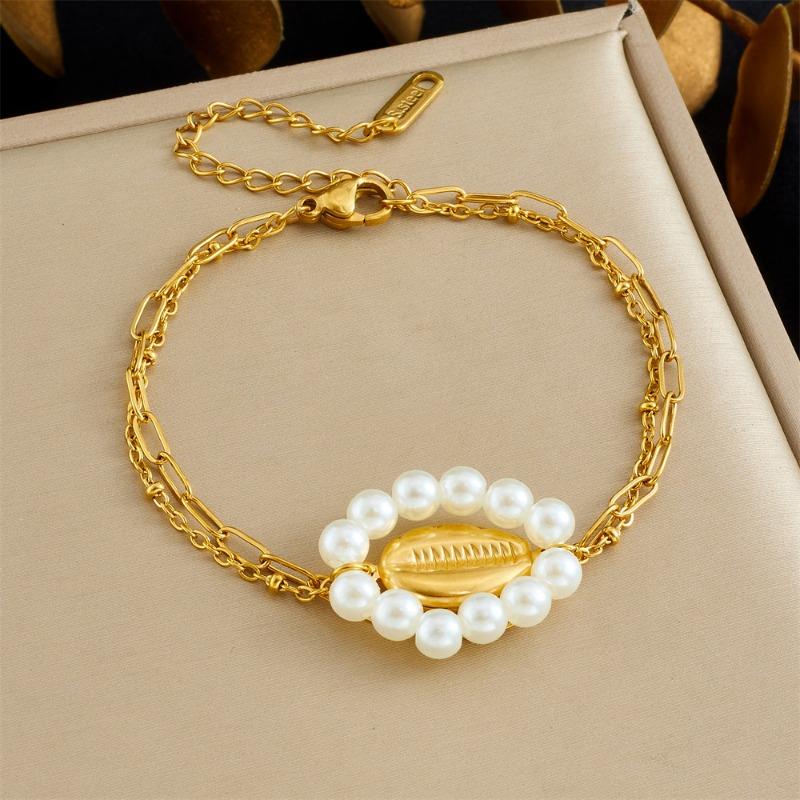 Gold Tone Paperclip Chain Bracelet with Pearl Flower Charm