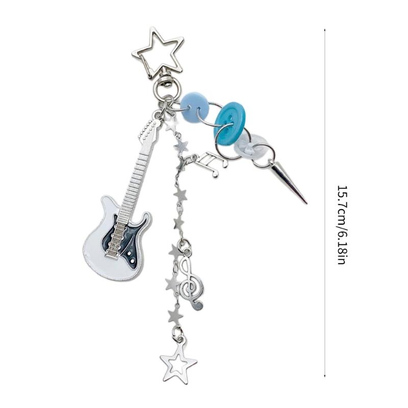 Guitar Star Button Charm Keychains Sweet Cute Pendant Hanging Ornament Keyring Backpack Decoration for Women Girls