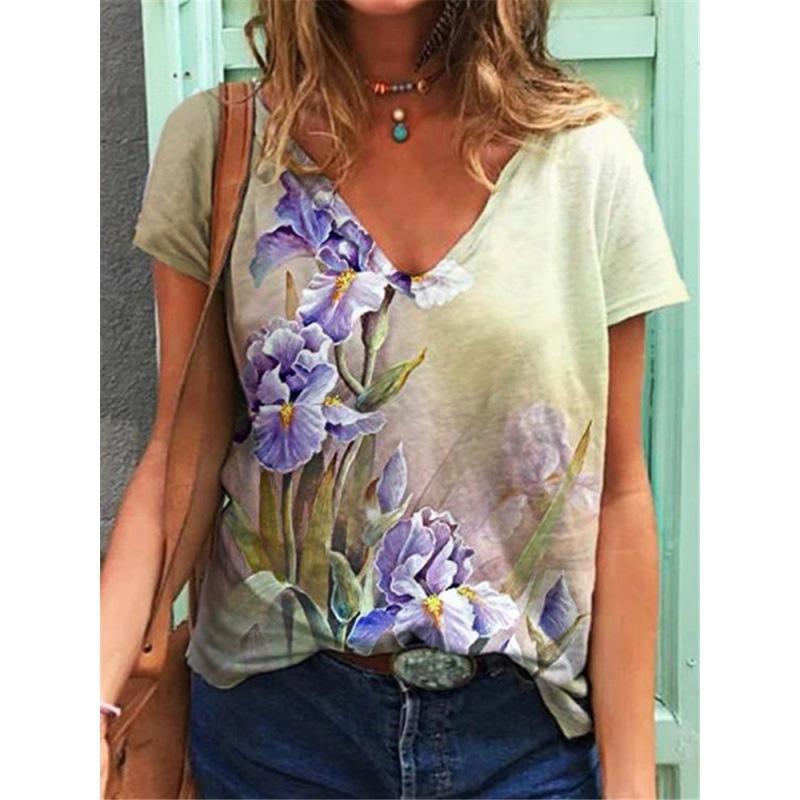 Ladies' Casual Summer Pullover V-neck T-shirt with Floral 3D Printing Short Sleeved Loose Women's Top T-Shirts Women’s