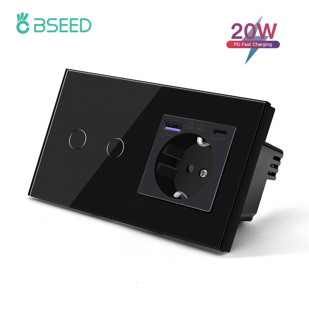 BSEED 1/2/3Gang Wall Touch Switch 1Way GLass Sensor Switches Plus EU Wall Socket Type-C USB 20W Power Outlets Fast Charging 2.1A