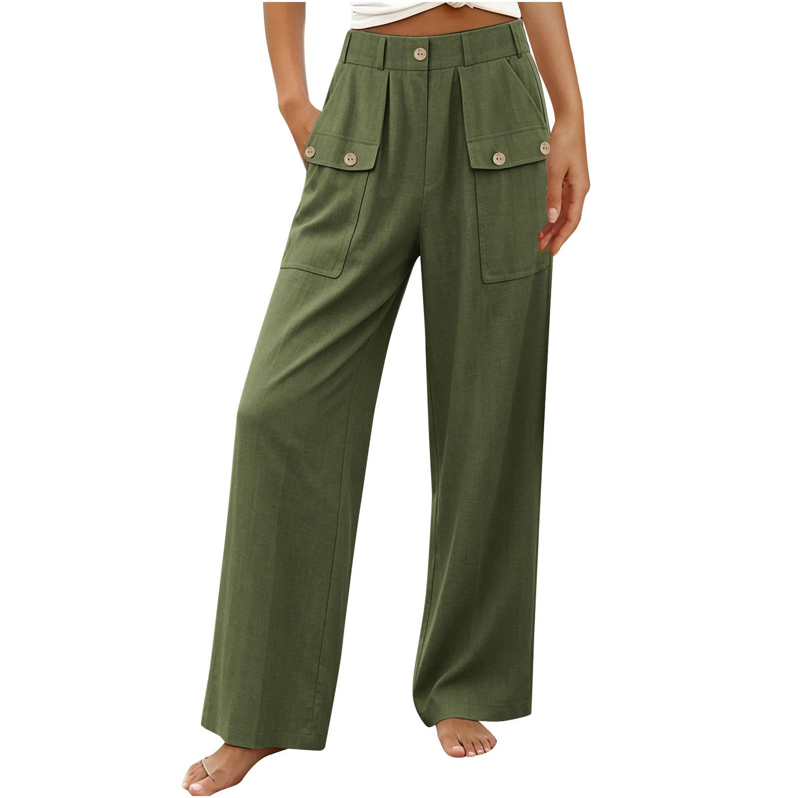New casual summer button-up straight-leg wide-leg women’s cotton-linen trousers S