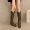 Coarse heel brown Maillard stack long tube knight boots women's shoes new summer V-mouth thin medium tube long boots