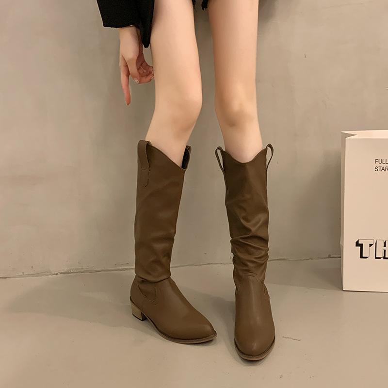 Coarse heel brown Maillard stack long tube knight boots women's shoes new summer V-mouth thin medium tube long boots