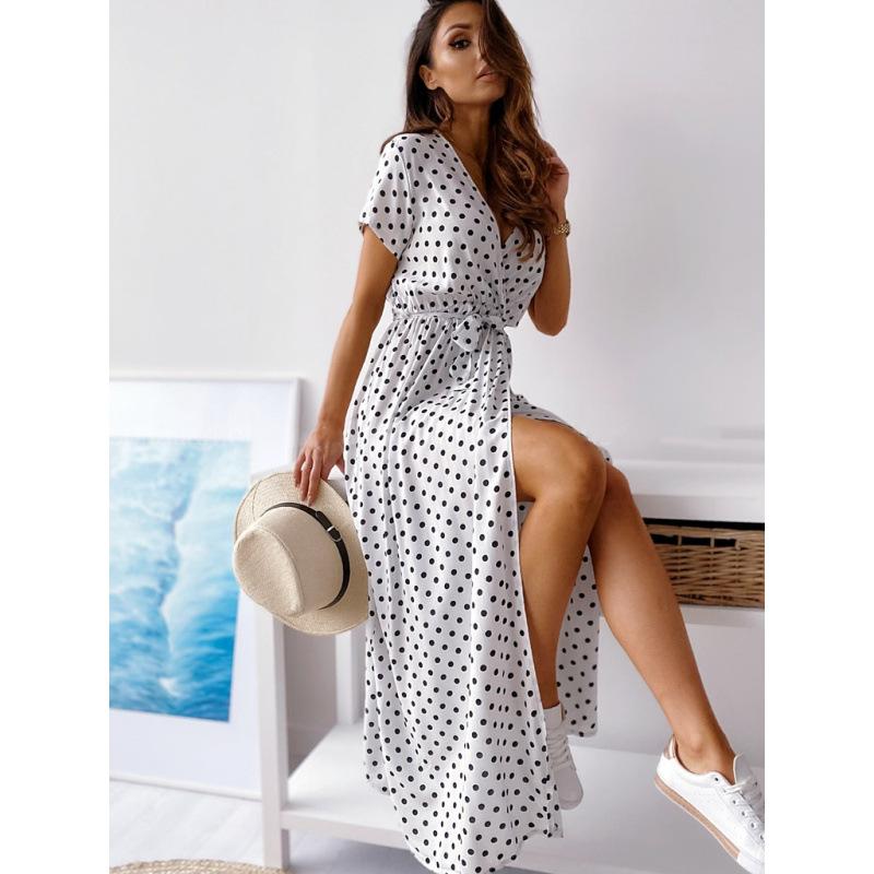 Stylish and sexy V-neck polka dot round neck waist split short-sleeved dress Bohemian long dress