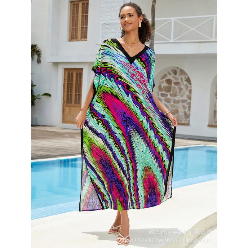 Plus Size Beach Print Dress for Women Bat Sleeve Bikini Suntan Cover Up