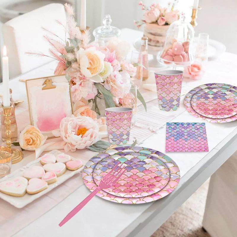 Mermaid Party Supplies Set with Plates Napkins Tablecloth Banner and Cupcake Toppers Perfect for Birthday Party Decorations