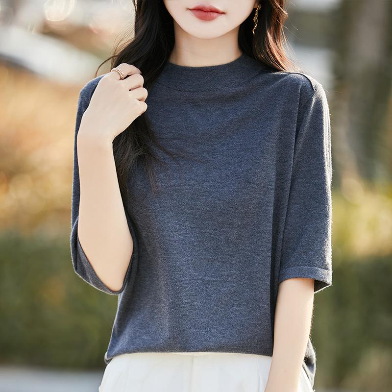 Half-high Round Neck Knit Short-sleeve Top, 2026 Spring-summer New Women's Solid Color Pullover Base Shirt