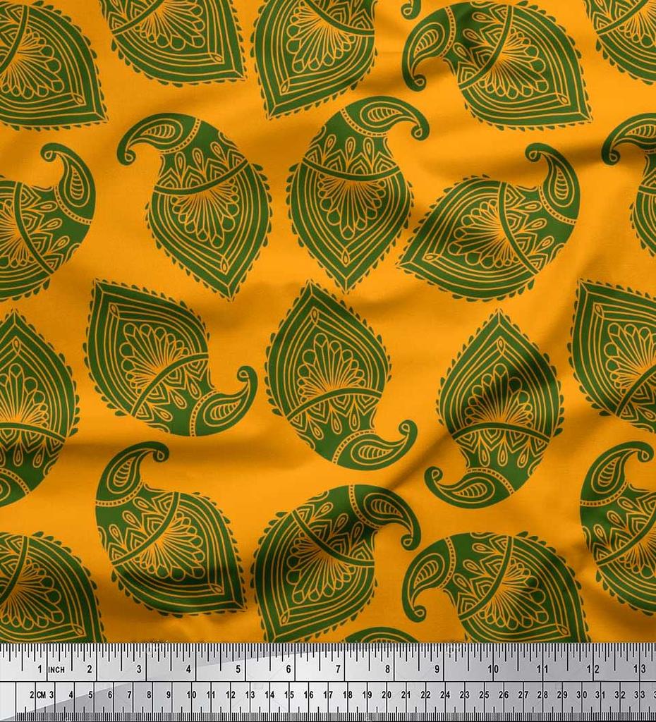 Soimoi Blue Japan Crepe Satin Fabric Green Paisley Printed Craft Fabric by the metre 42 Inch