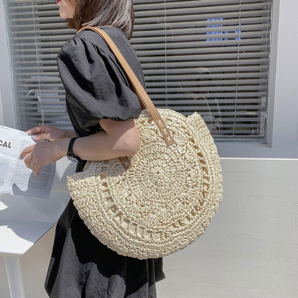 Handmade Straw Weave Bag Round Woven Shoulder Bag New Straw Tote Bag  Vacation