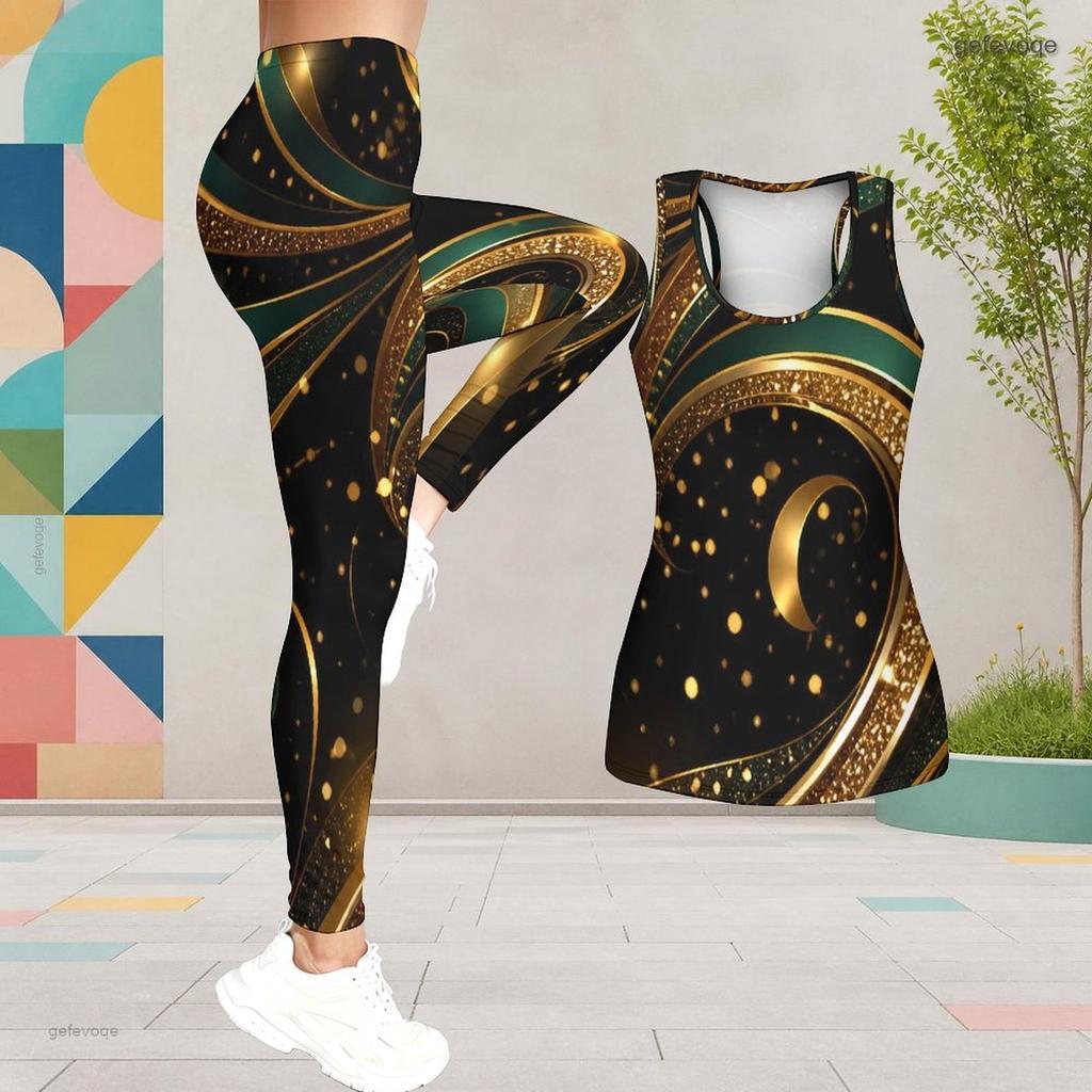 Women Plus Size Two Piece Set Scoop Neck Sleeveless Printed Tank Top Fitted Black Green Gold Pants