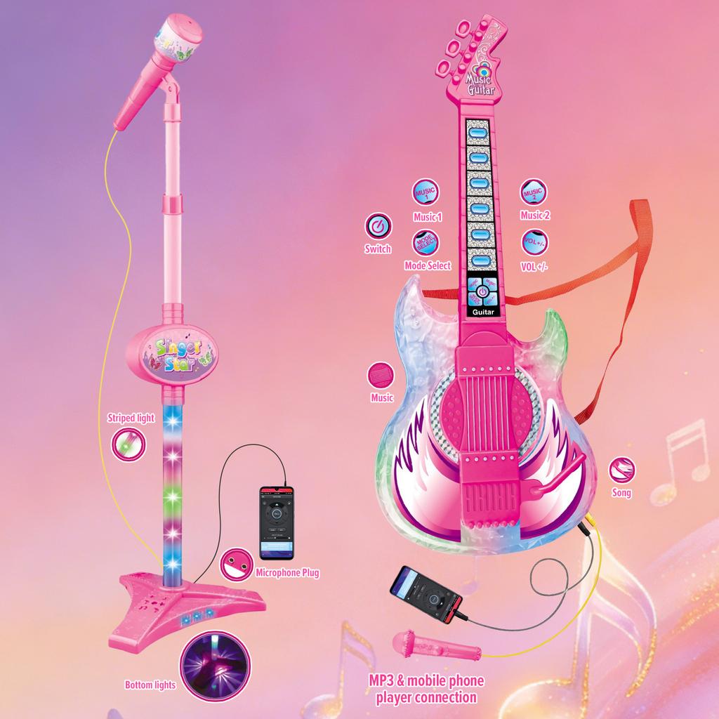 Electric Guitar Electronic Musical Instruments Multi-functional Kids' Microphone Sing Song Educational Games Toys for Girls Boys