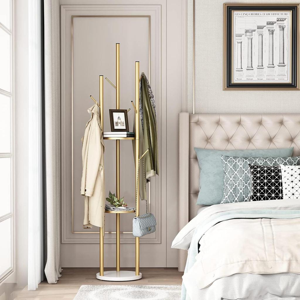 Metal Gold Coat Rack Stand Coat Hanger Stand Hall Tree with Marble Shelf