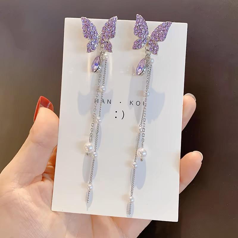 Purple Butterfly Tassel Earrings - S925 Silver Needle Retro Design