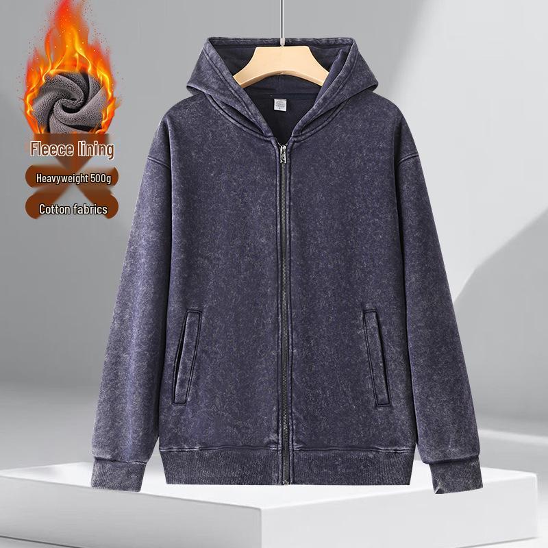 

Unisex 500g Velvet Hooded Vintage Cardigan - American Retro Loose Fit Zip-Up Hoodie M