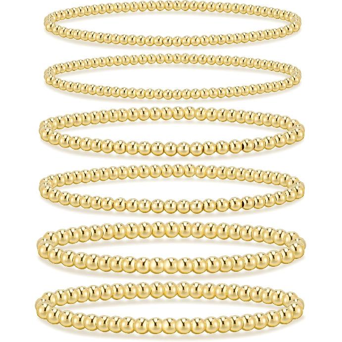 adoyi Gold Bracelets for Women Waterproof, 14K Gold Plated Beaded Strand Bead Ball Bracelets stack Adjustable Jewelry Set for Gifts