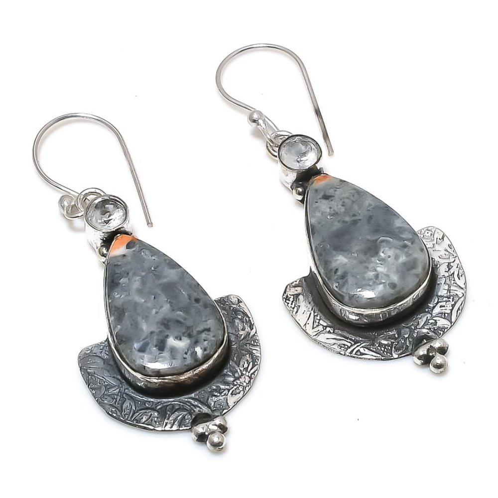 

Серьги из стерлингового серебра 925 пробы с натуральной яшмой Малигано, белым топазом, 2,21 дюйма, W9N19