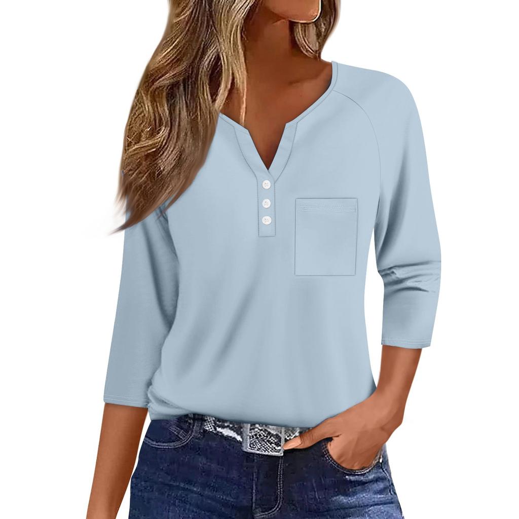 Ladies Casual Fashion V-neck Loose Versatile Color Printed Three-quarter Sleeves
