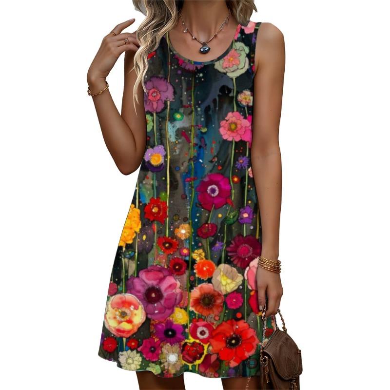 Summer Sleeveless Floral Pattern Fashion Women Mini Dresses  Prined Beach Casual Ladies Dress  Plus Size Loose Dress