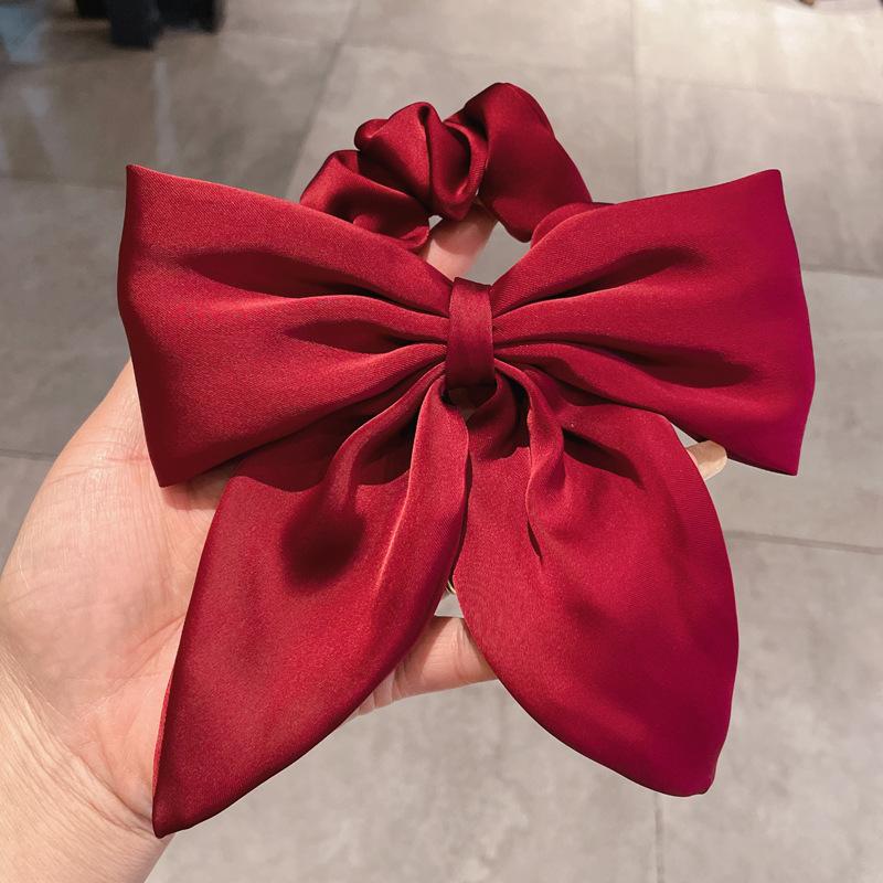 Vintage Red Large Satin Bow Elastic Hair Bands Ties for Women Girls Fashion Solid Rubber Bands Scrunchies Hair Accessories