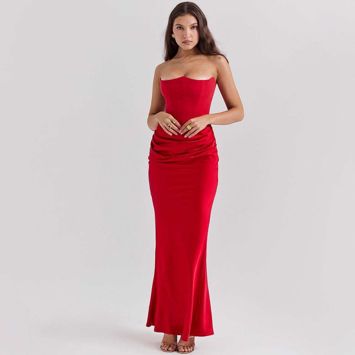 Women s Strapless Sleeveless Maxi Dress Bodycon Mid Waist Elegant Mermaid Evening Gown XS