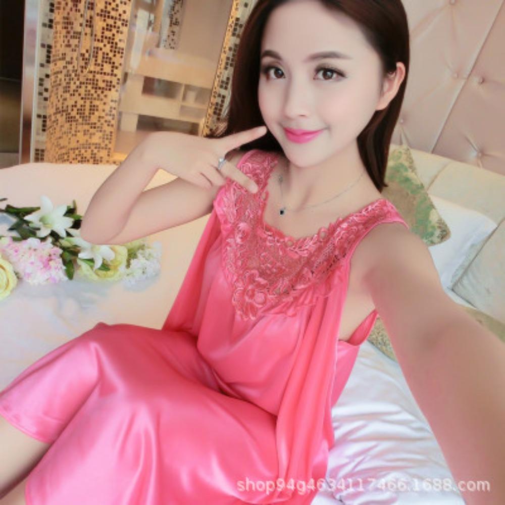 Summer Plus Size Nightdresses Women's Pajamas, Summer Ice Silk Lace Swing Skirt Solid Color Loungewear