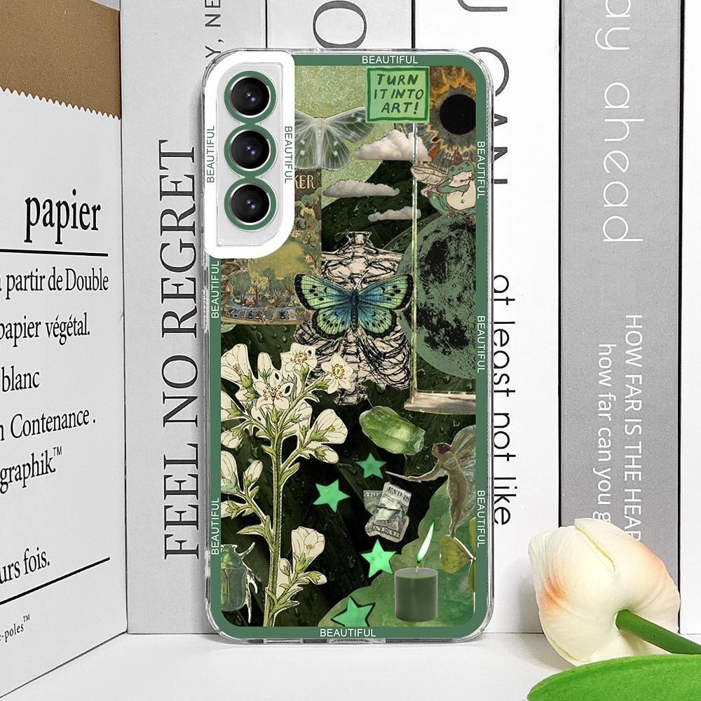 

Cool Green Retro Flower Stickers Phone Case for Samsung Galaxy S22 S23 S24 Ultra S25 Plus S21 FE 5G Soft TPU Clear Covers Fundas Samsung S21 Plus