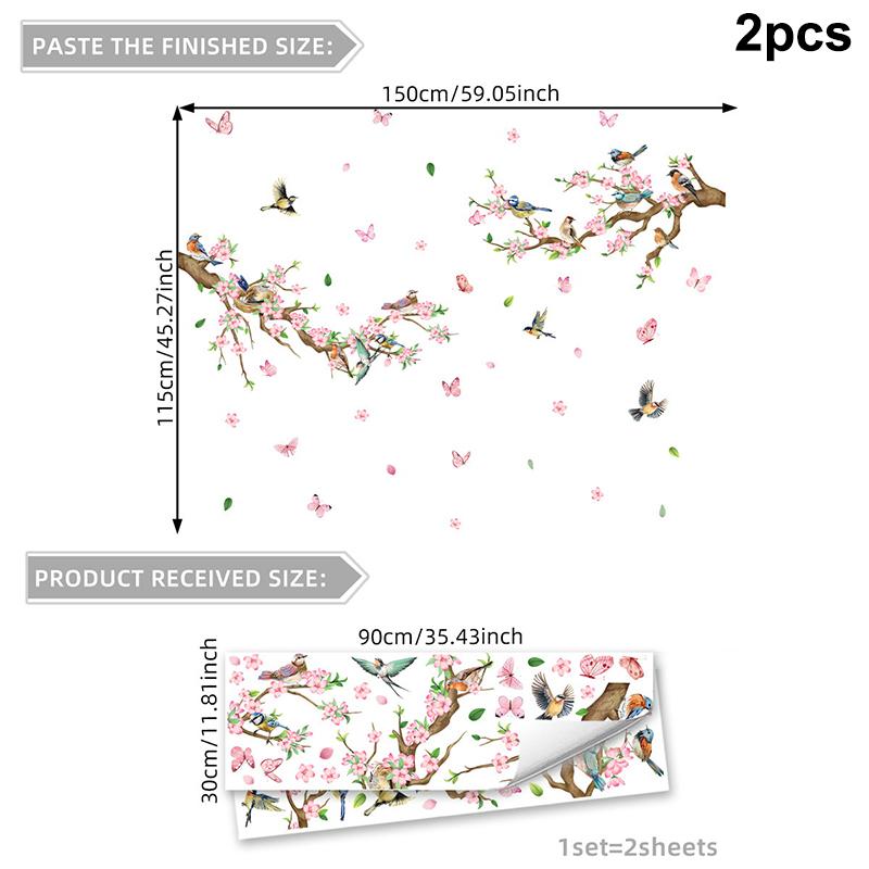 Kreativer Bunter Tuschemalerei Blumiger Pfirsichbaum Zweig Vogel Wandaufkleber Hintergrundwand Heimdekoration Selbstklebender Wandaufkleber