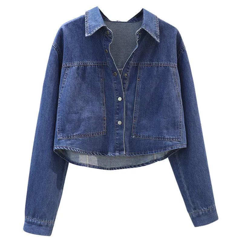 Jachetă nouă retro de primăvară și toamnă, largă, top din denim slim și versatil, cu design de buzunar