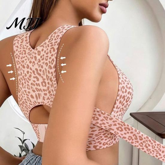 Posture Corrector Bra Women Bra, Leopard Dotted Print Push-Up Seamless No Adjustable Underwire Full Coverage Cross Back Bralette with Front Closure