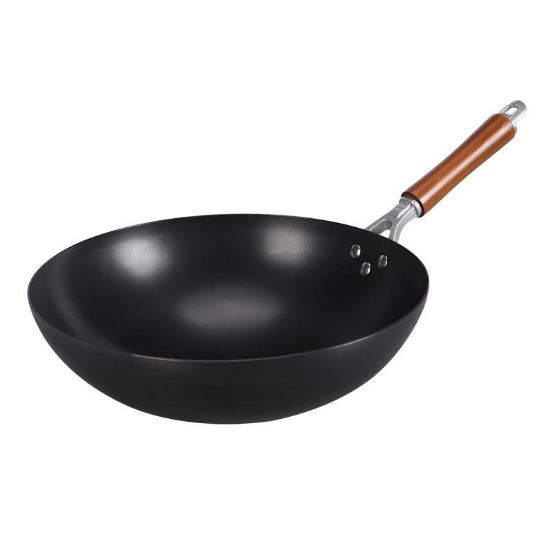 Old-Fashioned Non-Coated Cast Iron Wok, Round Bottom, Non-Slip, Non-Stick, Gas Stove Compatible, Nitrided Fine Iron.