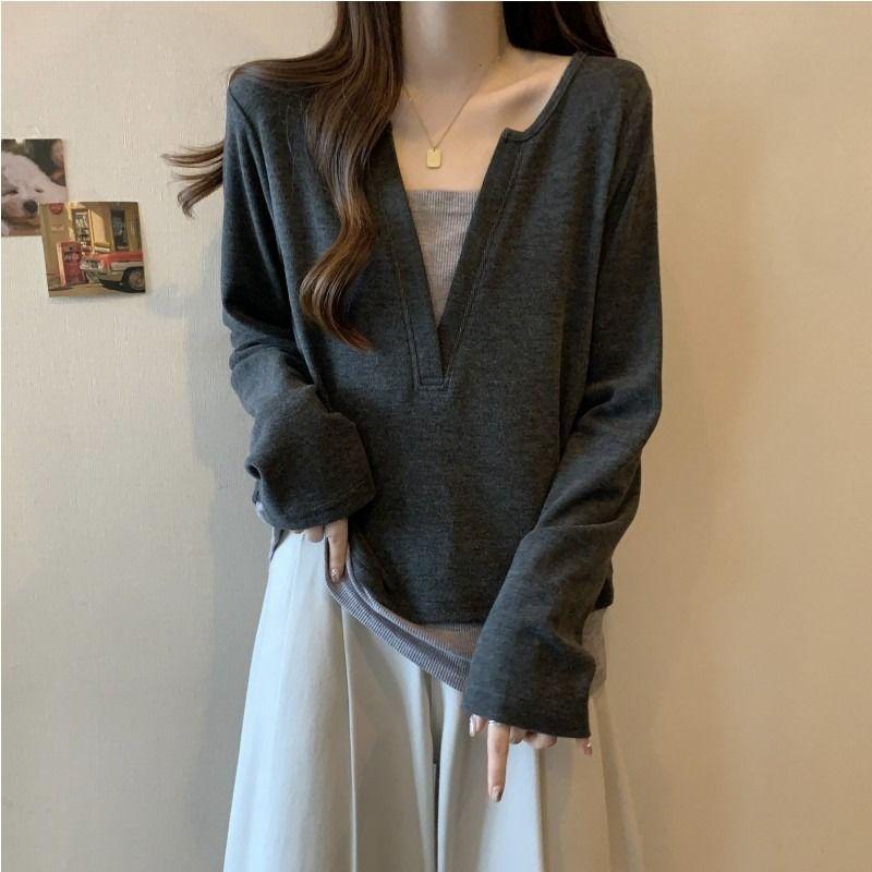 Fake Two Pieces Patchwork Pullovers Female Clothing Casual Long Sleeve Spring Autumn Korean Solid Color All-match V-Neck T-shirt
