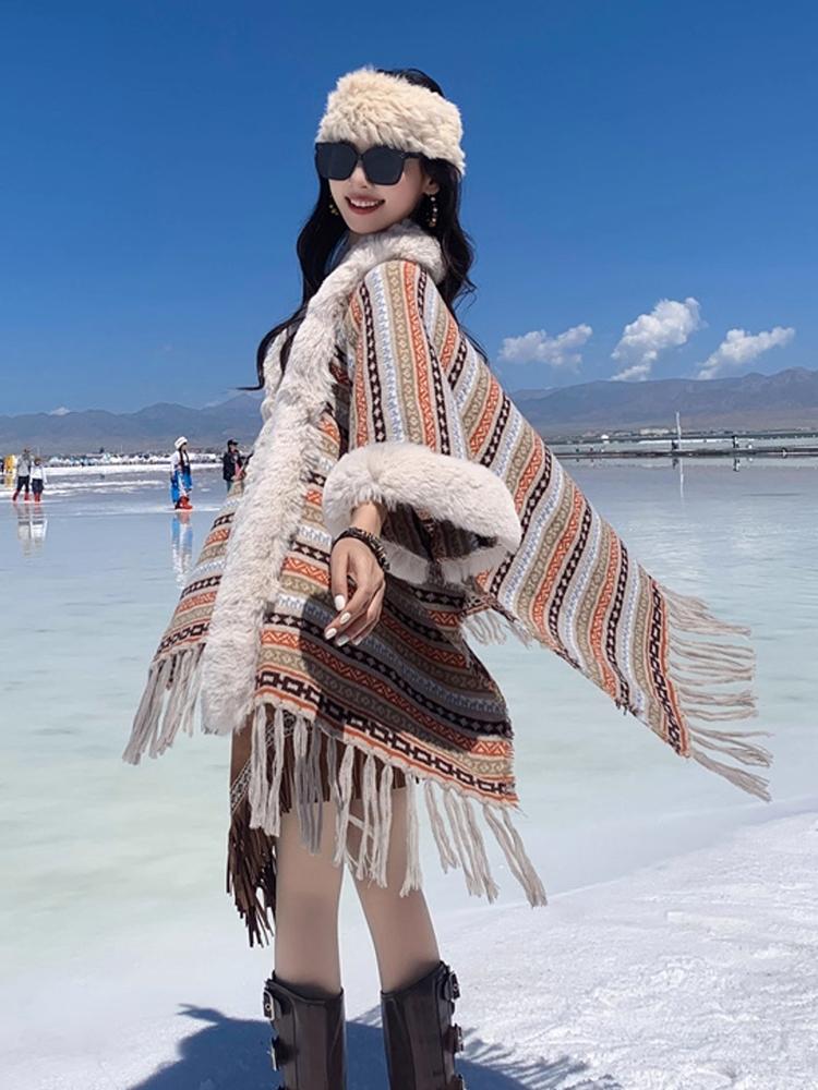 Winter Women Scarf Layers Poncho Elegant Lady Striped Print Tassel Wraps Shawl Hairy Scarve Capa Para Mujer Pashmina Cloak Boho